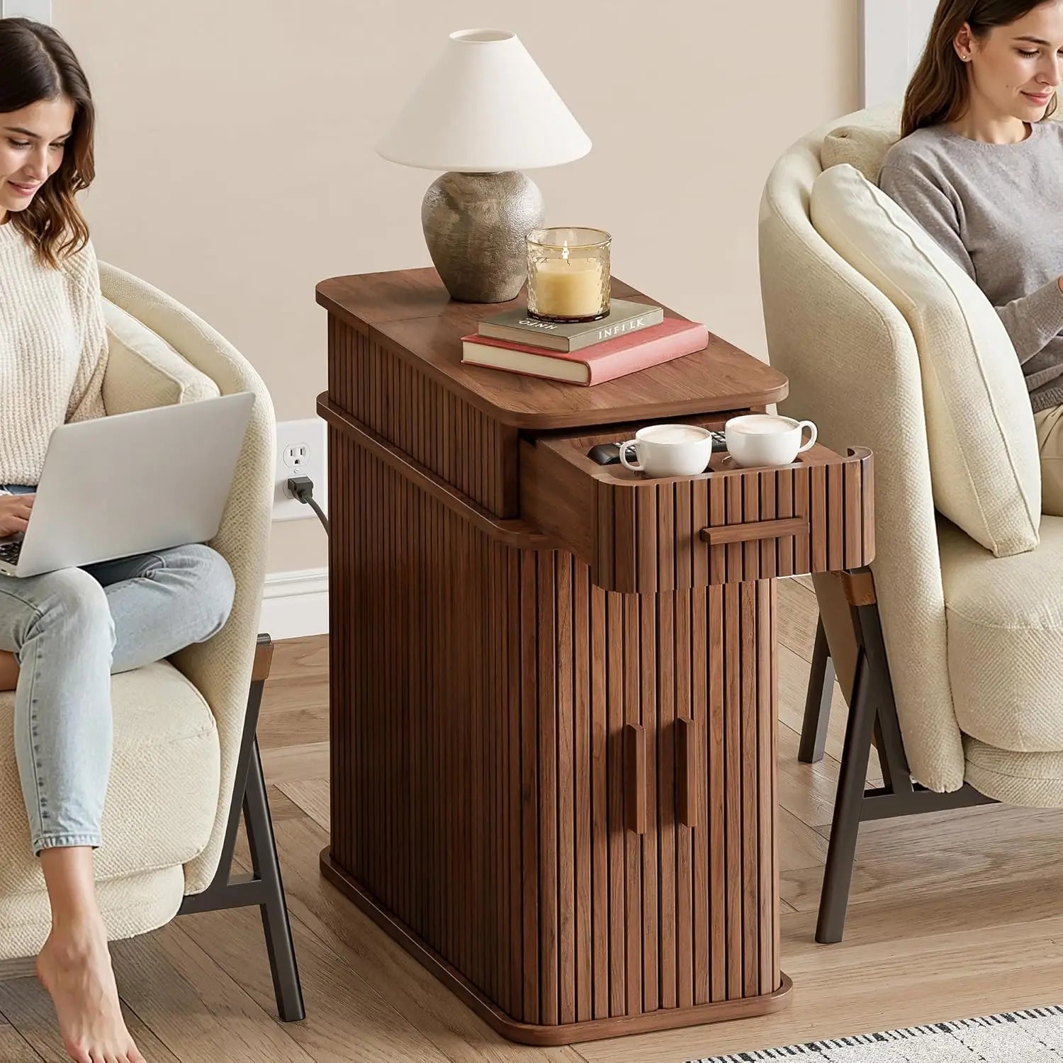 FLUTRA™ Fluted Smart End Table with Charging Station by PurelyhomeDeco