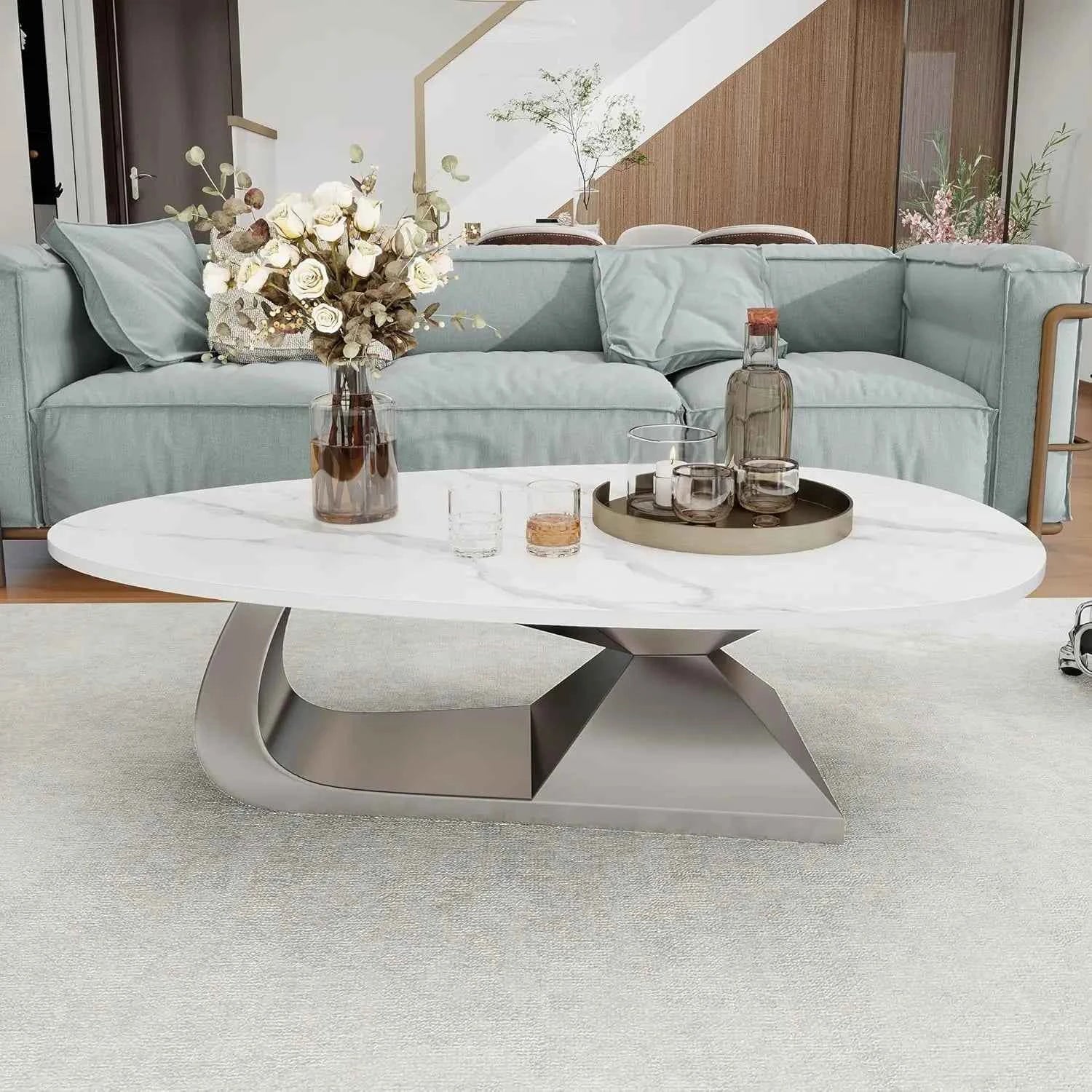 Argento Eclipse™ – 51.2" Oval Faux Marble Coffee Table by PurelyhomeDeco