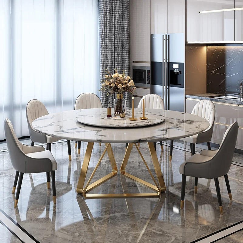 AURÉVA Golden Round Marble Dining Table with Turntable