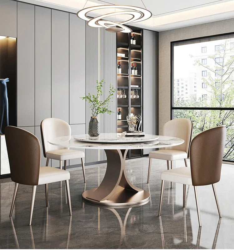 SILORA White Marble Round Dining Table with Turntable