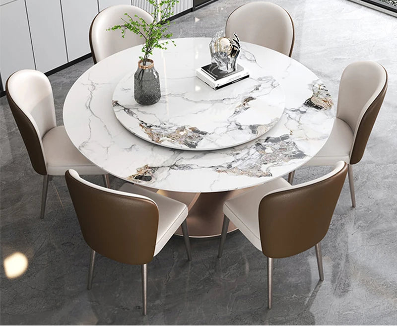SILORA White Marble Round Dining Table with Turntable