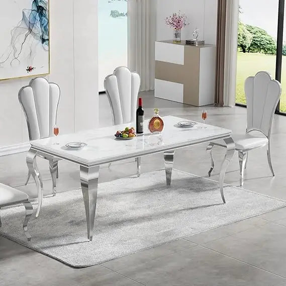 SILVÉN™ White Marble Stainless Steel Dining Table