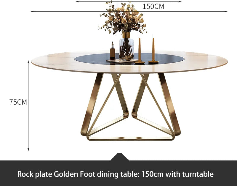 AURÉVA Golden Round Marble Dining Table with Turntable