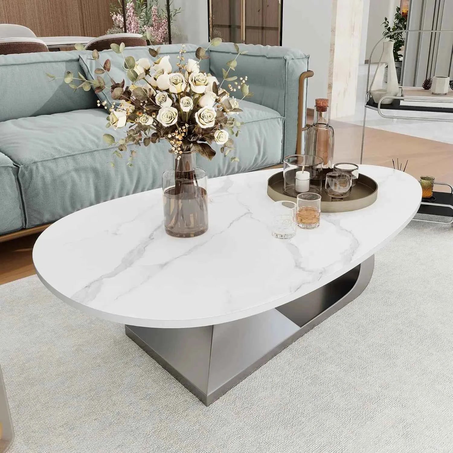 Argento Eclipse™ – 51.2" Oval Faux Marble Coffee Table by PurelyhomeDeco