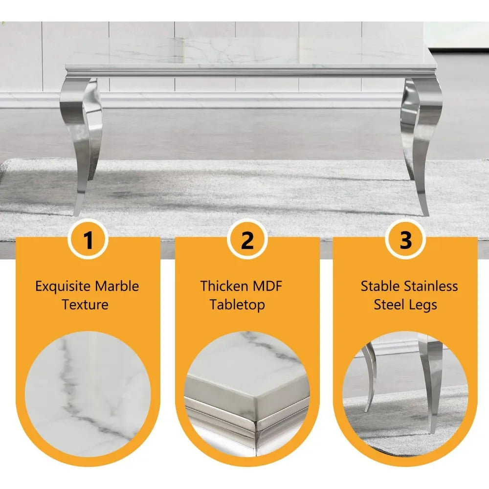 MARIXA 70" Faux Marble Dining Table – White & Silver Modern Design