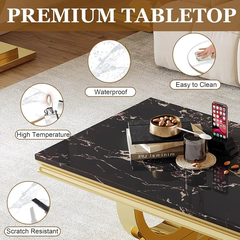 GOLDEN SILHOUETTE NOIR™Modern Rectangle Black Marble Coffee Table by PurelyhomeDeco