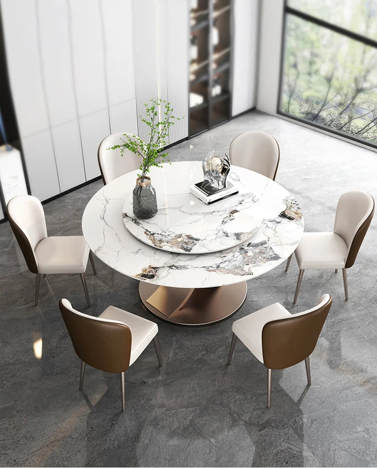 SILORA White Marble Round Dining Table with Turntable