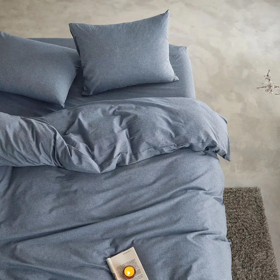 OceanWeave Breathable Percale Cotton Duvet Cover Set – Chambray Denim Blue, Queen Size