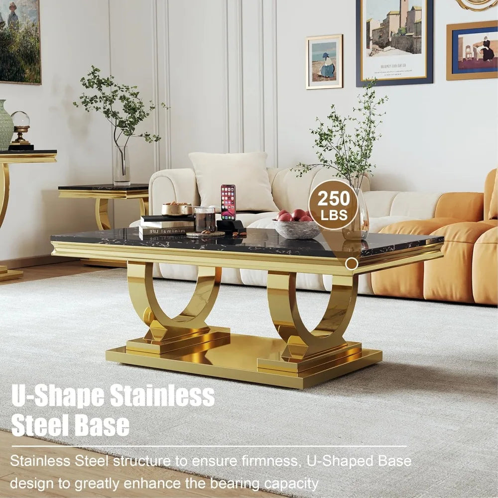 GOLDEN SILHOUETTE NOIR™Modern Rectangle Black Marble Coffee Table by PurelyhomeDeco