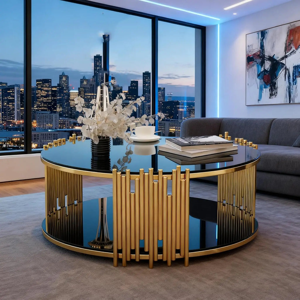 NOIR ÉCLIPSE™ 36" Round Black Glass Coffee Table by PurelyhomeDeco