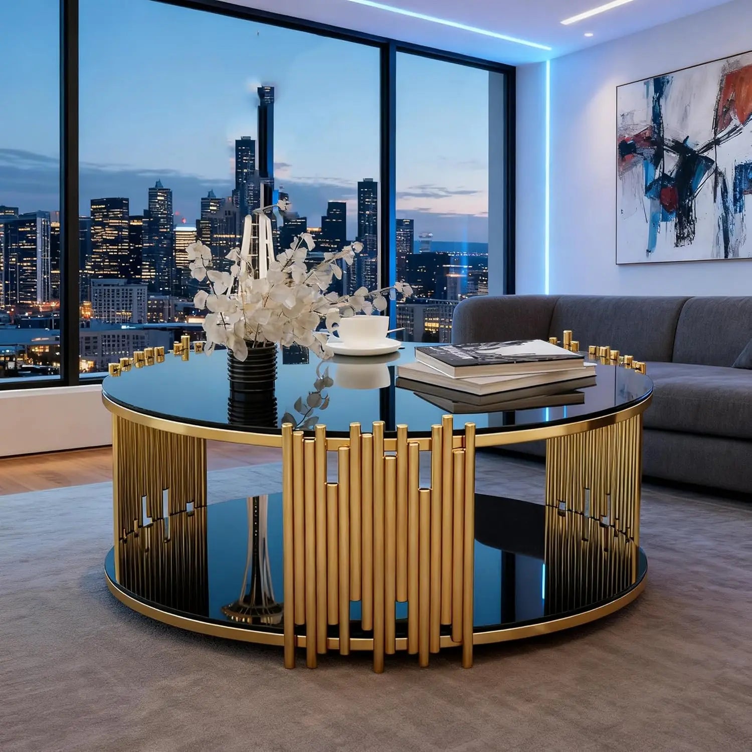 NOIR ÉCLIPSE™ 36" Round Black Glass Coffee Table by PurelyhomeDeco