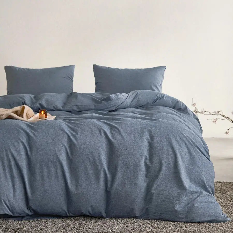 OceanWeave Breathable Percale Cotton Duvet Cover Set – Chambray Denim Blue, Queen Size