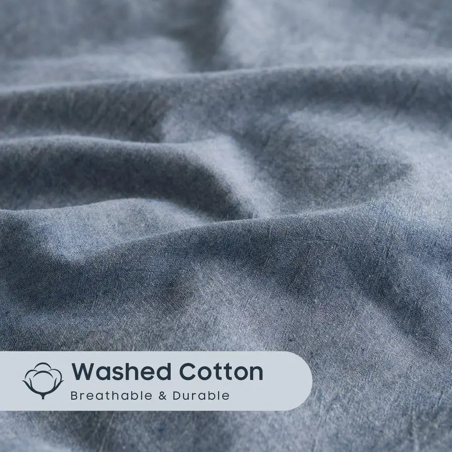 OceanWeave Breathable Percale Cotton Duvet Cover Set – Chambray Denim Blue, Queen Size