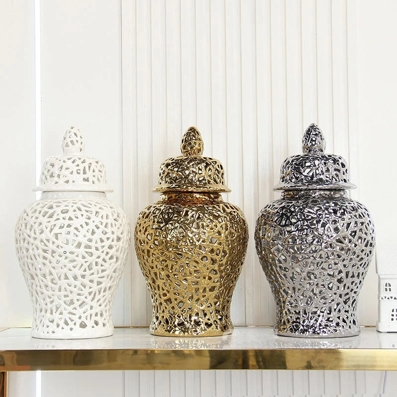 Échelon Gold – Ceramic Hollow Ginger Jar | Luxury Porcelain Home Decoration