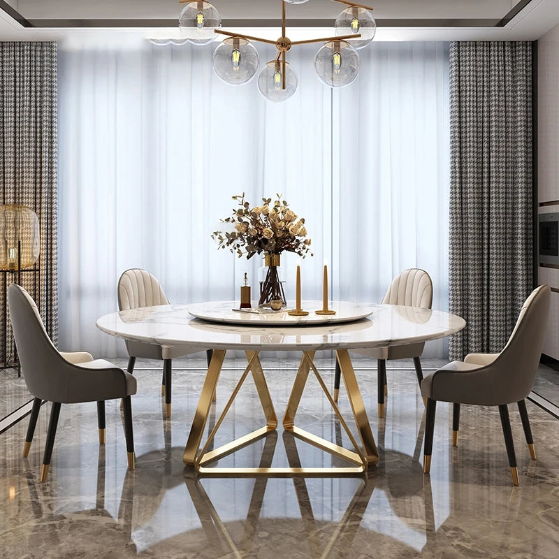 AURÉVA Golden Round Marble Dining Table with Turntable