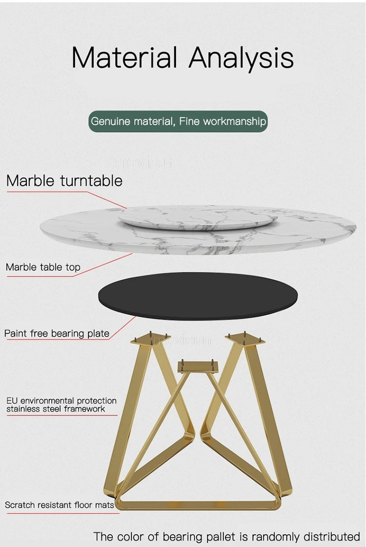 AURÉVA Golden Round Marble Dining Table with Turntable