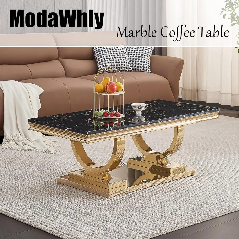 GOLDEN SILHOUETTE NOIR™Modern Rectangle Black Marble Coffee Table by PurelyhomeDeco