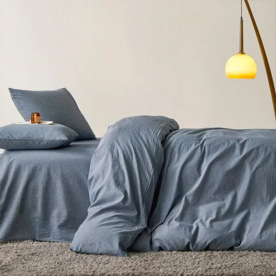 OceanWeave Breathable Percale Cotton Duvet Cover Set – Chambray Denim Blue, Queen Size