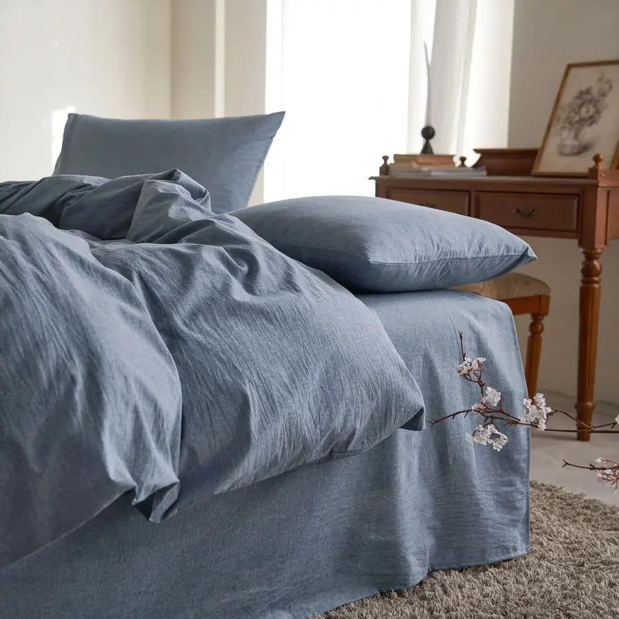 OceanWeave Breathable Percale Cotton Duvet Cover Set – Chambray Denim Blue, Queen Size