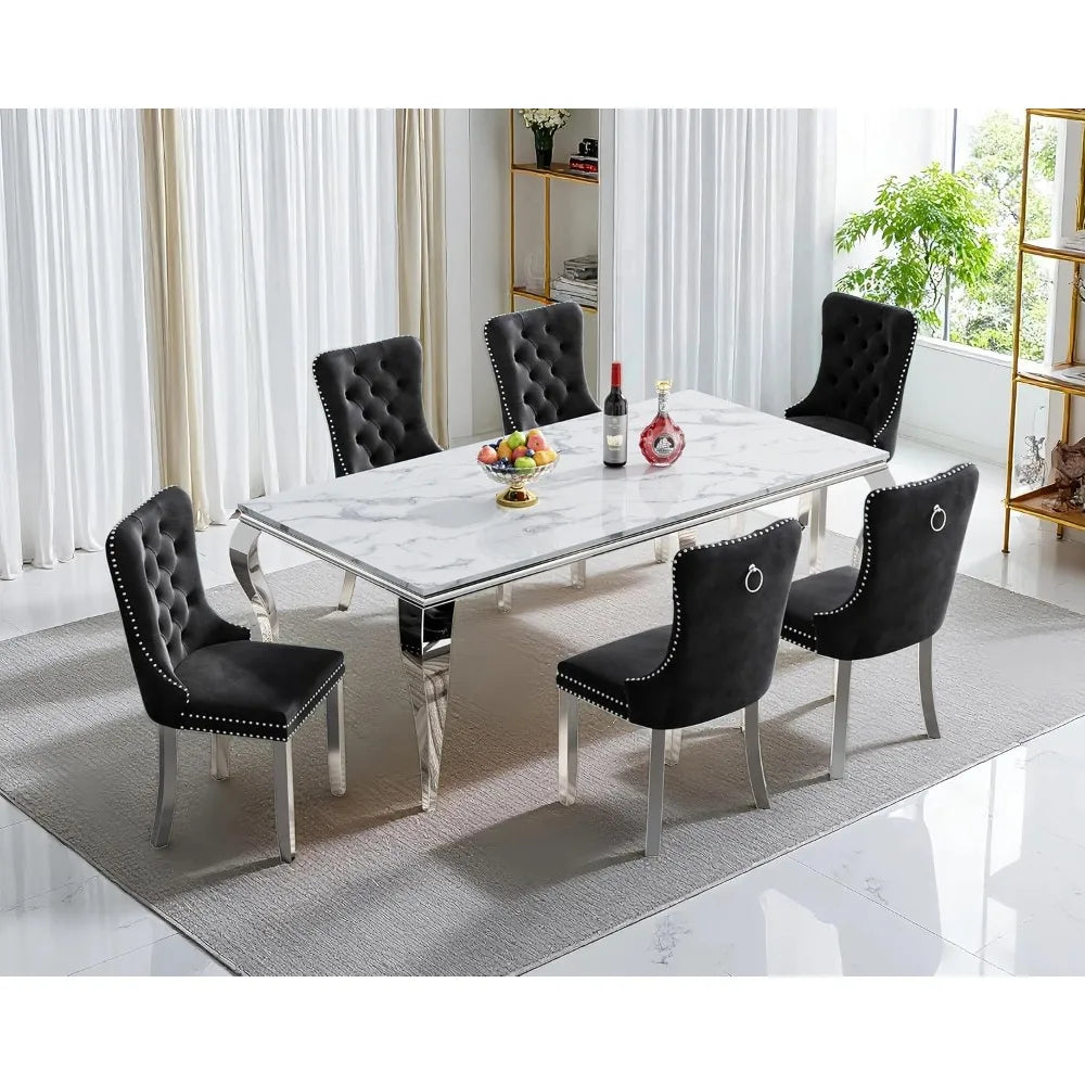 MARIXA 70" Faux Marble Dining Table – White & Silver Modern Design