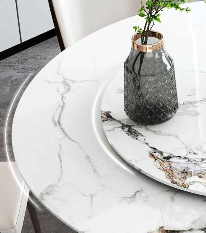 SILORA White Marble Round Dining Table with Turntable