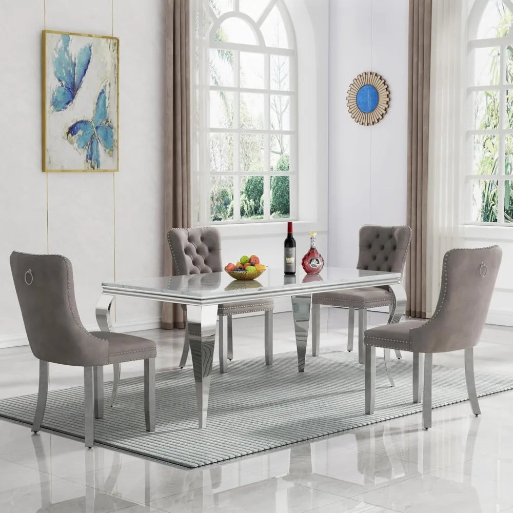 MARIXA 70" Faux Marble Dining Table – White & Silver Modern Design