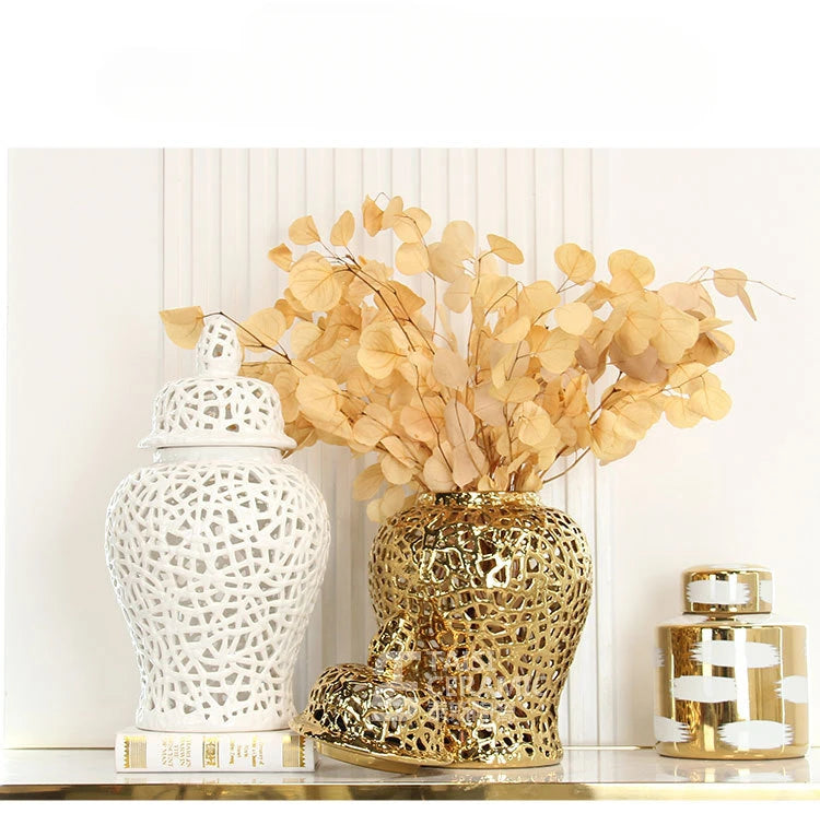 Échelon Gold – Ceramic Hollow Ginger Jar | Luxury Porcelain Home Decoration