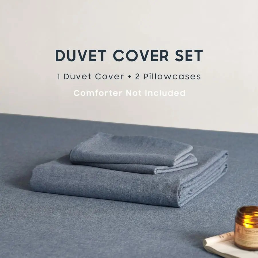 OceanWeave Breathable Percale Cotton Duvet Cover Set – Chambray Denim Blue, Queen Size
