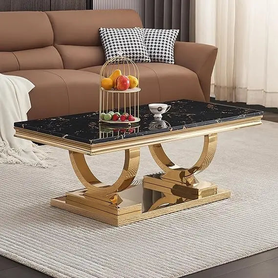GOLDEN SILHOUETTE NOIR™Modern Rectangle Black Marble Coffee Table by PurelyhomeDeco