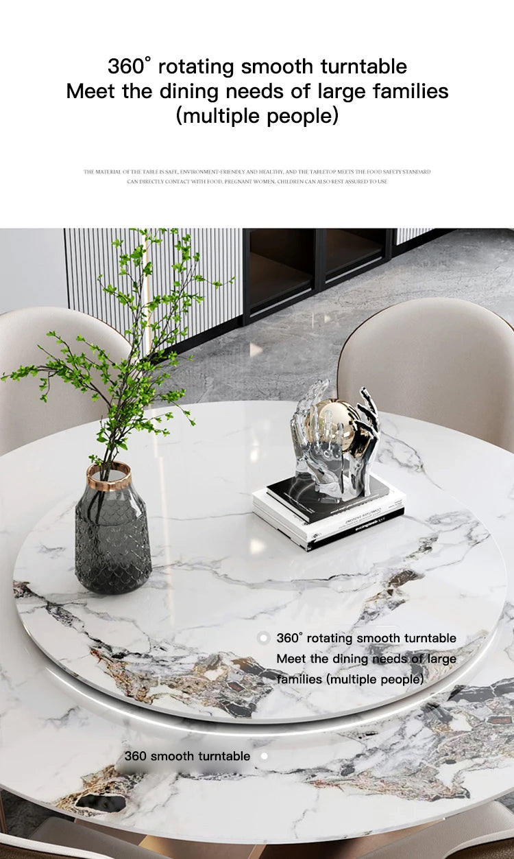 SILORA White Marble Round Dining Table with Turntable