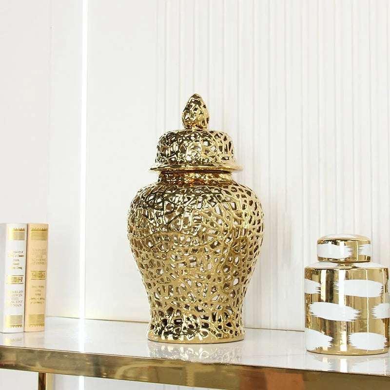 Échelon Gold – Ceramic Hollow Ginger Jar | Luxury Porcelain Home Decoration