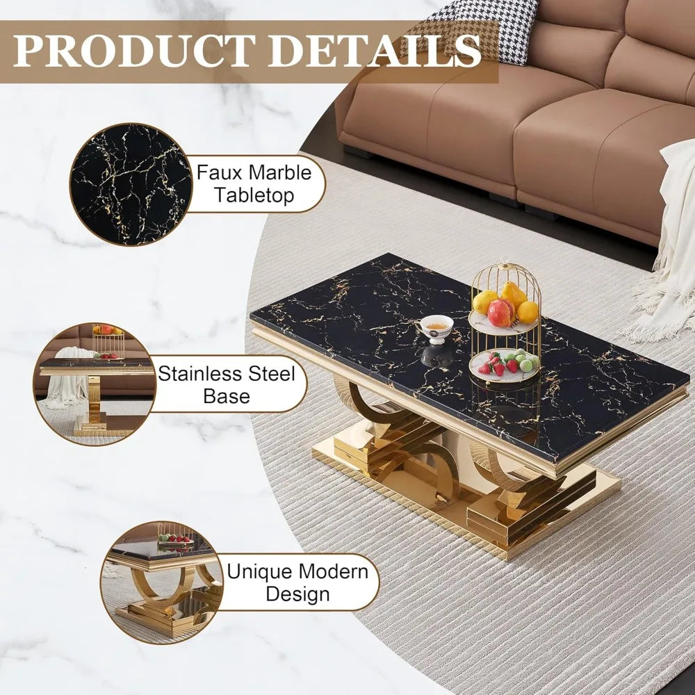 GOLDEN SILHOUETTE NOIR™Modern Rectangle Black Marble Coffee Table by PurelyhomeDeco