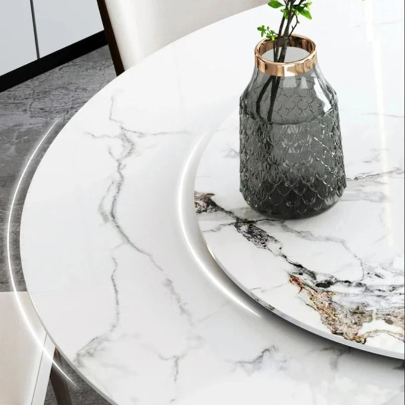 SILORA White Marble Round Dining Table with Turntable