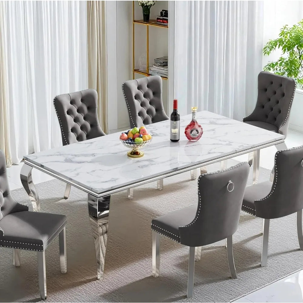 MARIXA 70" Faux Marble Dining Table – White & Silver Modern Design